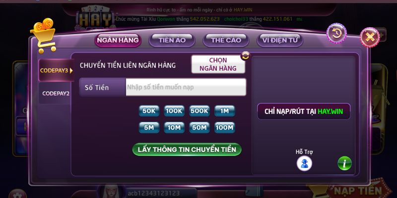Nạp tiền HAYWIN hỗ trợ đa kênh, giao dịch đơn giản